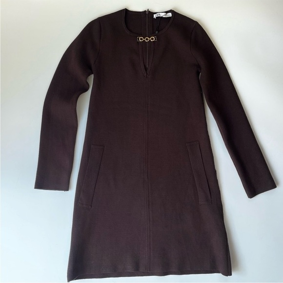 Zara Brown Long Sleeve Knit Sweater Dress With Cutout - Picture 8 of 14